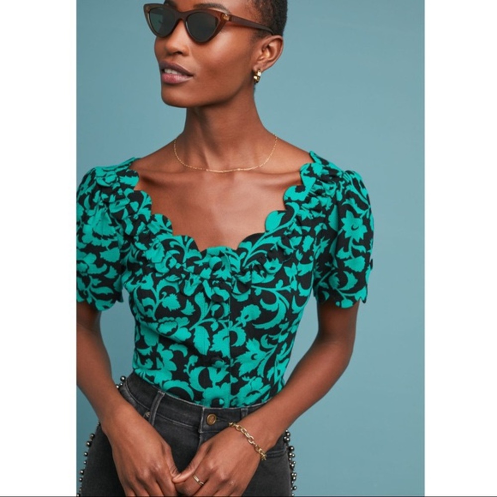 Anthropologie Black and Green Scalloped Top